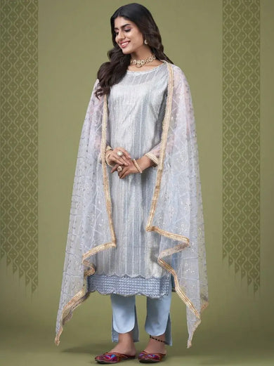 Babelicious Sky Blue Embroidered Sequins Net Fancy Salwar Kameez